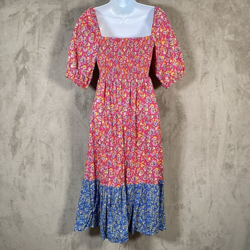 House of Harlow Floral Smocked Midi Dress XS Square Puff Sleeve Prairie Cottage - Picture 7 of 12